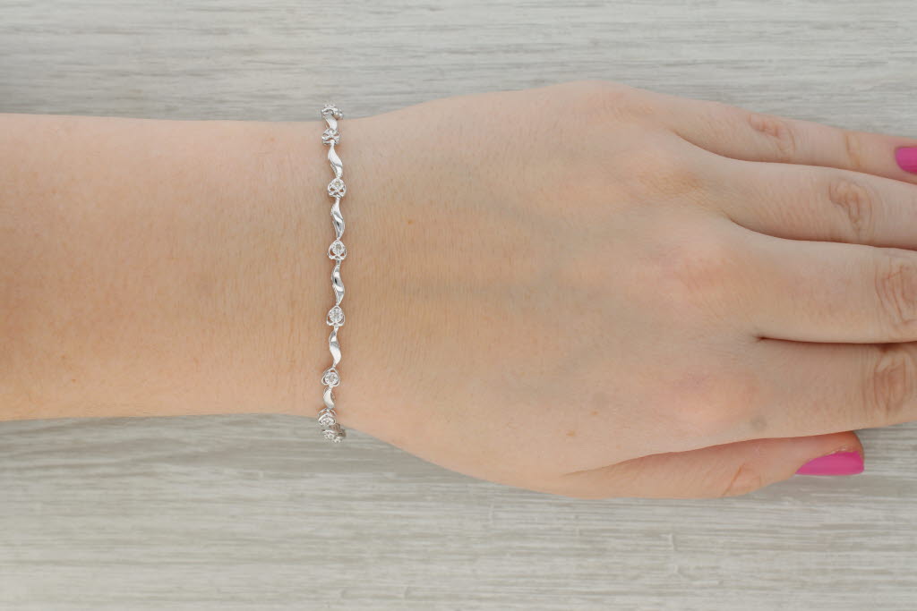 Rosy Brown Diamond Bar Heart Link Tennis Bracelet 10k White Gold 7" 4mm