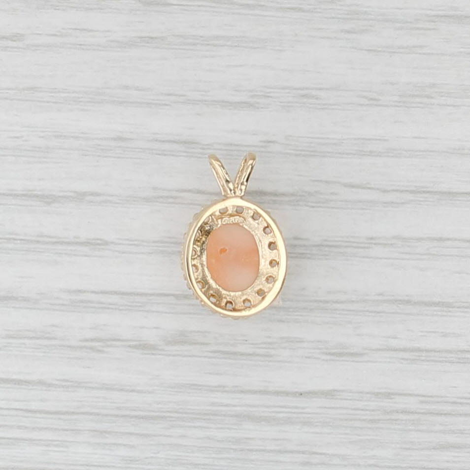 Vintage Pink Coral Pendant 14k Yellow Gold Oval Cabochon Solitaire Drop