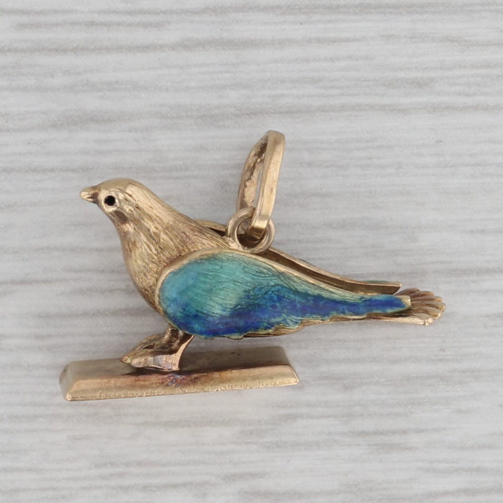 Gray Vintage Enamel 3D Blue Bird Charm Pendant 18K Yellow