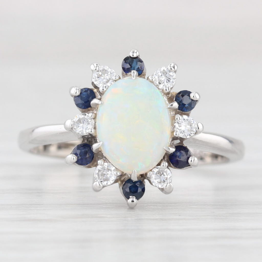 Light Gray Opal Cabochon Sapphire Diamond Halo Ring 14k White Gold Size 6