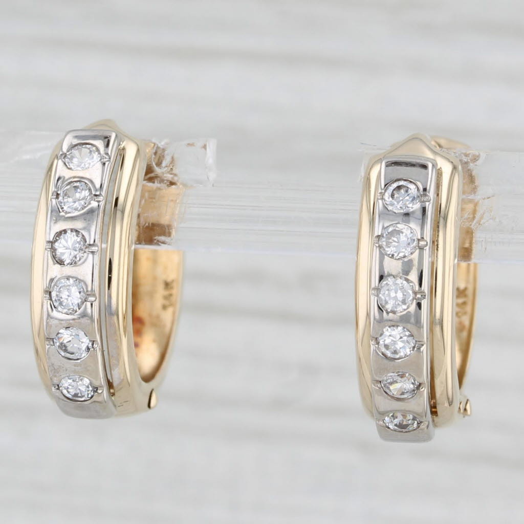 Light Gray 0.24ctw Cubic Zirconia Hoop Huggie Earrings 14k Yellow Gold Snap Top Round Hoops
