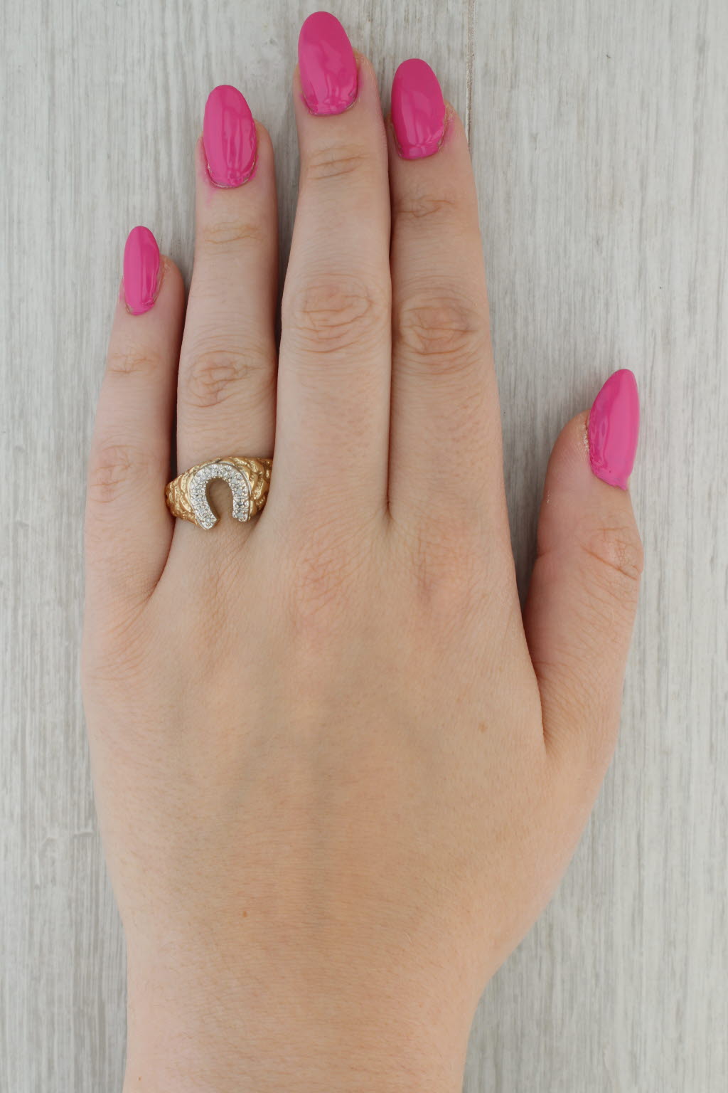 Rosy Brown Diamond Horseshoe Ring 10k Yellow White Gold Size 11.25 Nugget Band Western