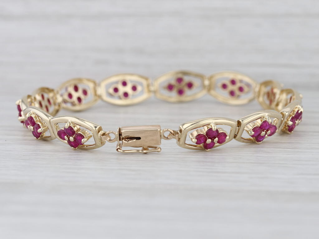 4ctw Ruby Flower Tennis Bracelet 14k Yellow Gold 7.25" 7.5mm