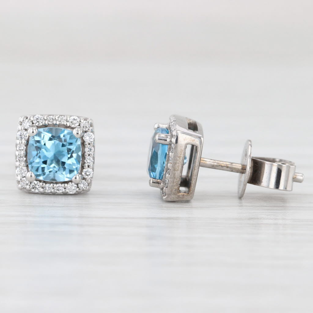 Light Gray 1.76ctw Cushion Blue Topaz Diamond Halo Stud Earrings 14k White Gold