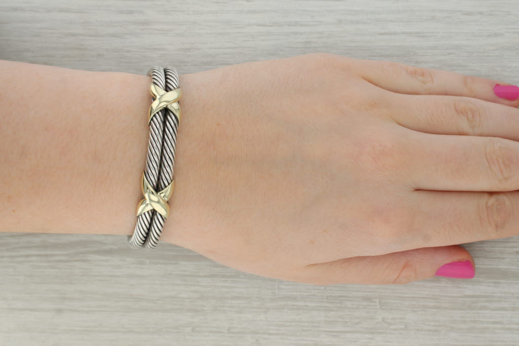Dark Gray David Yurman Double Cable Classic Cuff Bracelet Sterling Silver 14k Gold 6.5"