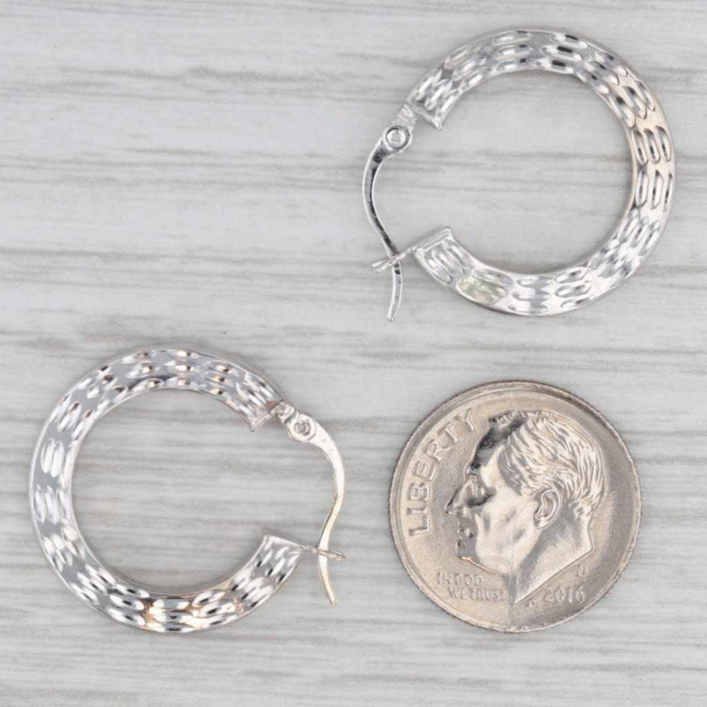 Gray Etched Pattern Hoop Earrings 14k White Gold 20.4 x 3.1mm Round Hoops