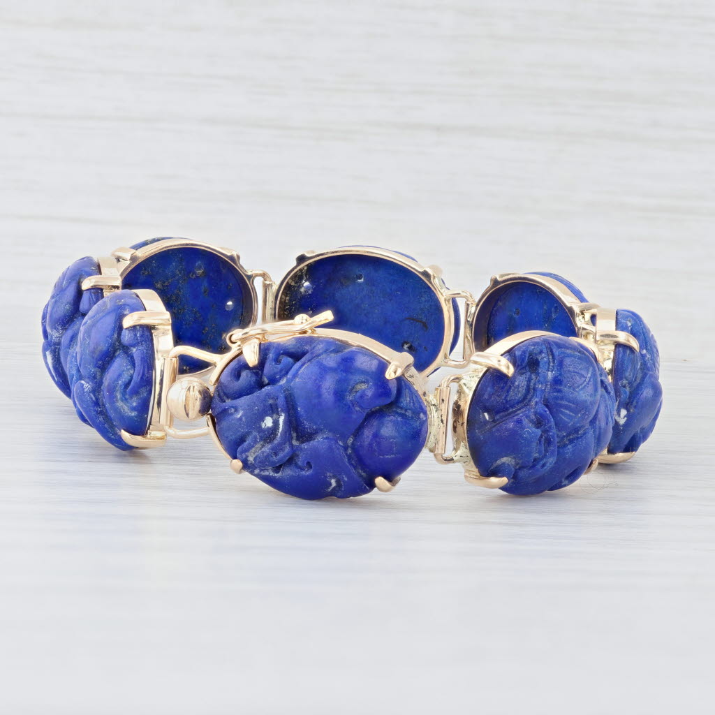 Ornate Carved Oval Cabochon Lapis Lazuli Bracelet 14k Yellow Gold 6.75" 14.4mm
