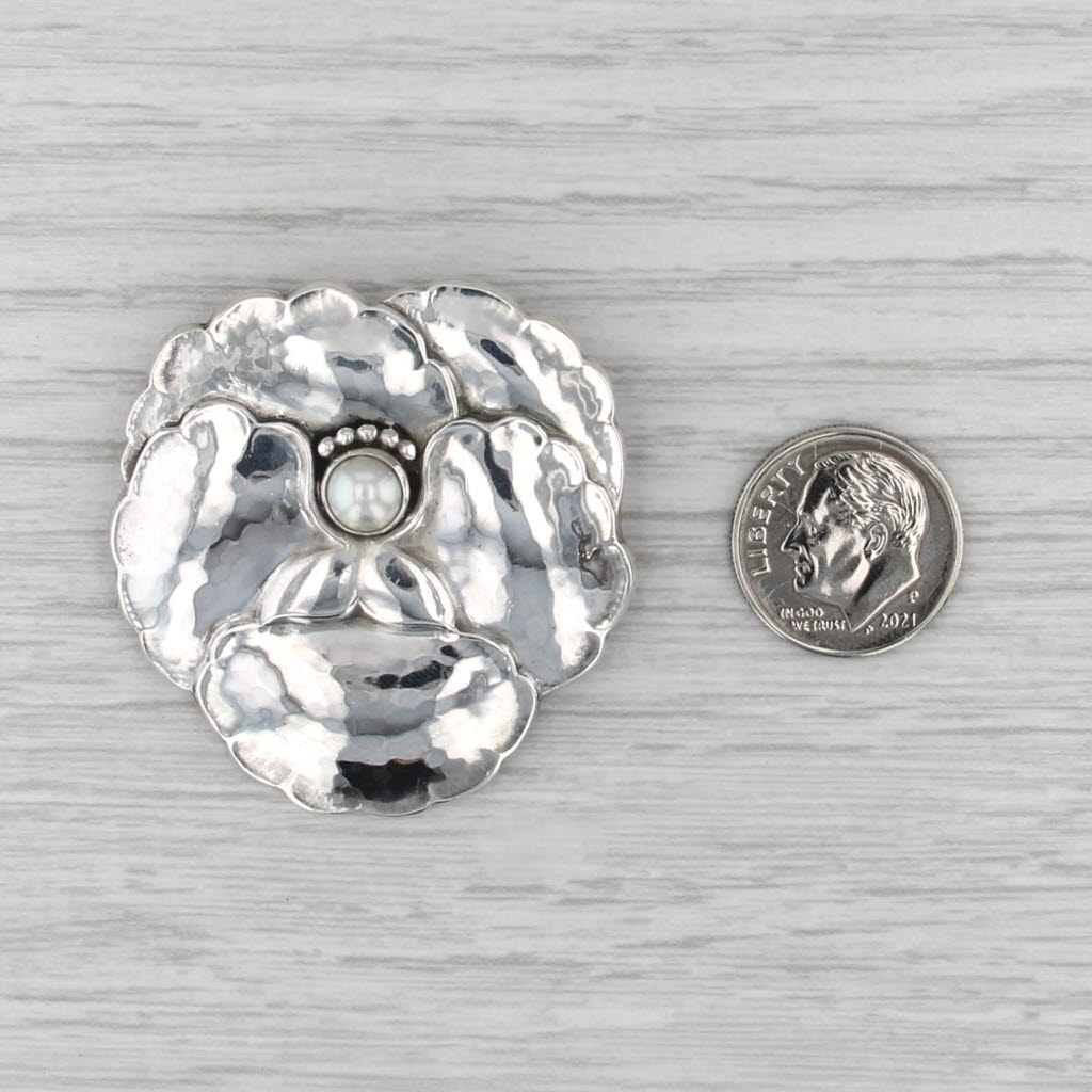 Georg Jensen Denmark Cultured Pearl Flower Brooch Pendant Sterling Silver 143