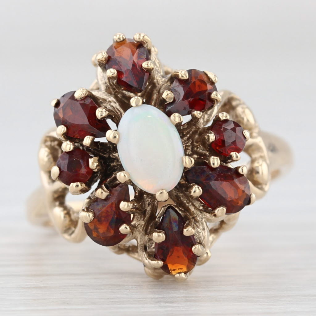Light Gray 1.60ctw Garnet Cluster Halo Opal Ring 10k Yellow Gold Size 6.25