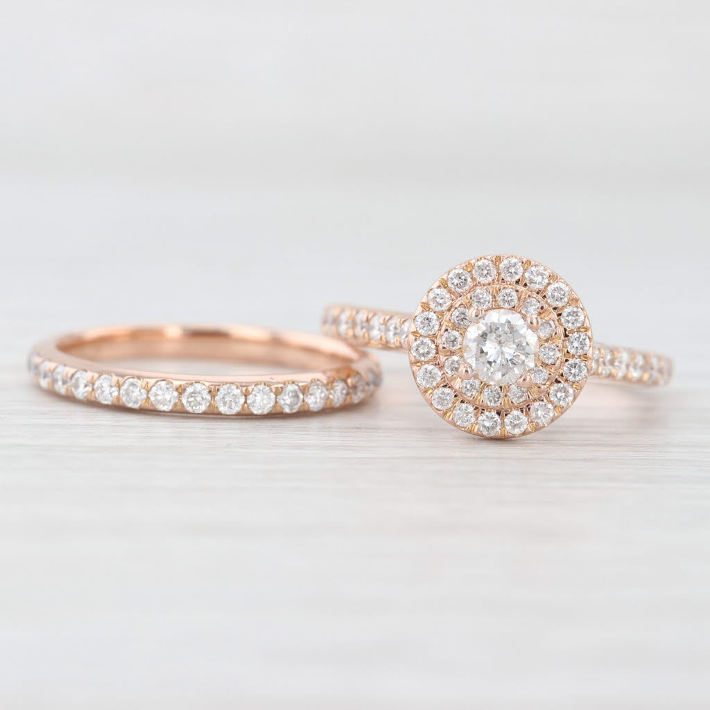 Light Gray 0.87ctw Round Diamond Halo Engagement Ring Wedding Band Bridal Set 14k Rose Gold