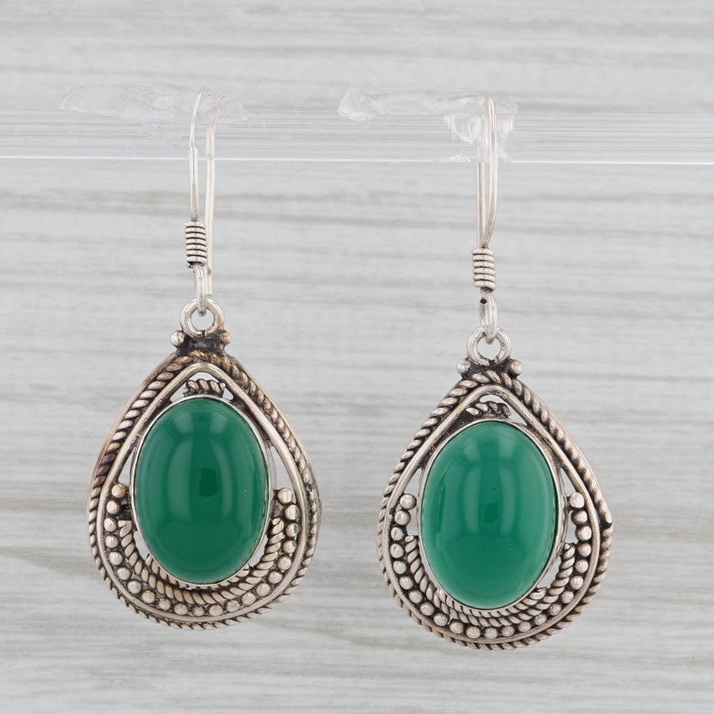 Gray Vintage Green Chalcedony Teardrop Dangle Earrings Sterling Silver Hook Posts
