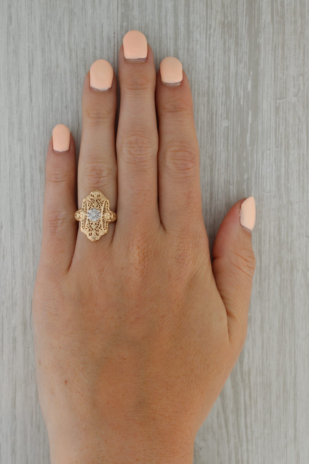 Rosy Brown Art Deco Diamond Accented Filigree Ring 10k Yellow Gold Size 5.5