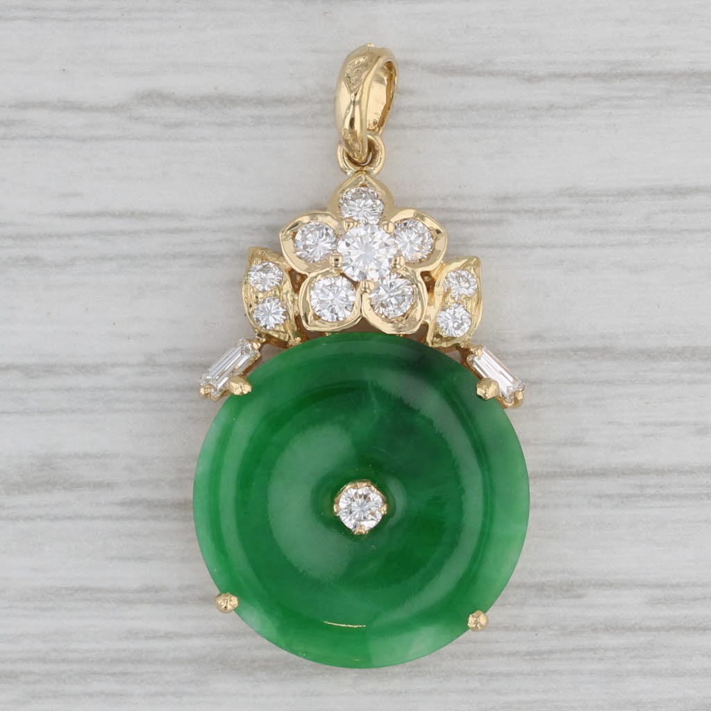 Green Jadeite Jade Hololith Diamond Flower Pendant 18k Yellow Gold