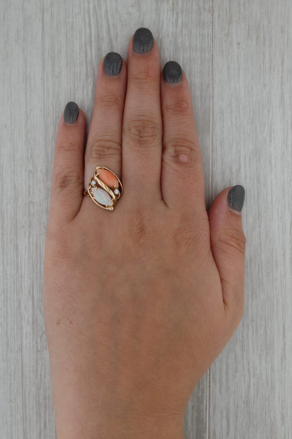 Opal Coral Navette Cabochon Diamond Ring 14k Yellow Gold Size 8