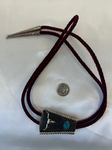 Dark Gray Vintage Native American Turquoise Bull Bolo Tie Necklace Sterling Silver