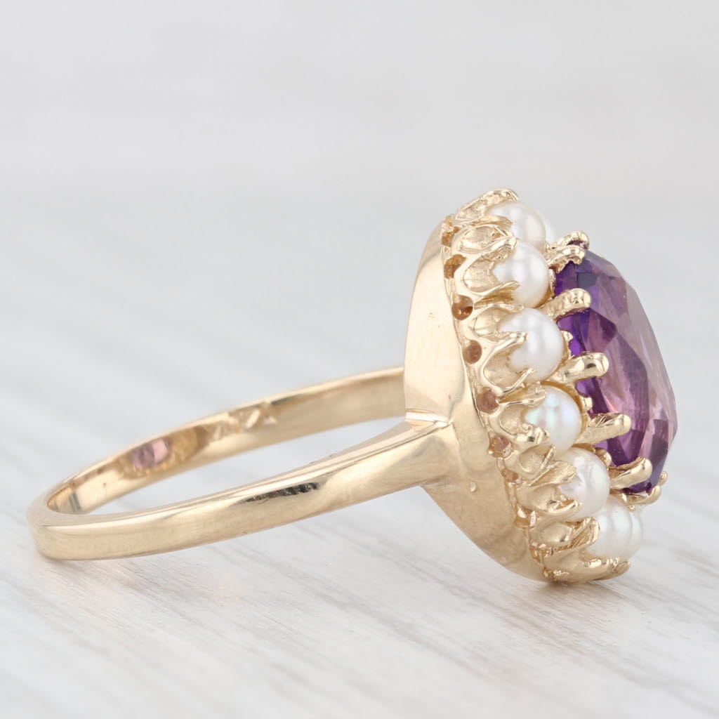 Light Gray Vintage 2.50ct Amethyst Cultured Pearl Halo Ring 14k Yellow Gold Size 7