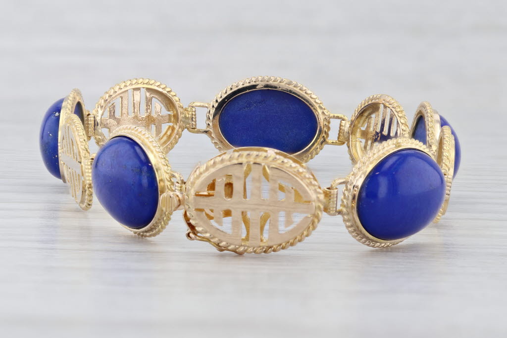 Lapis Lazuli Cabochon Oval Link Bracelet 14k Yellow Gold 6.75" 12.2mm