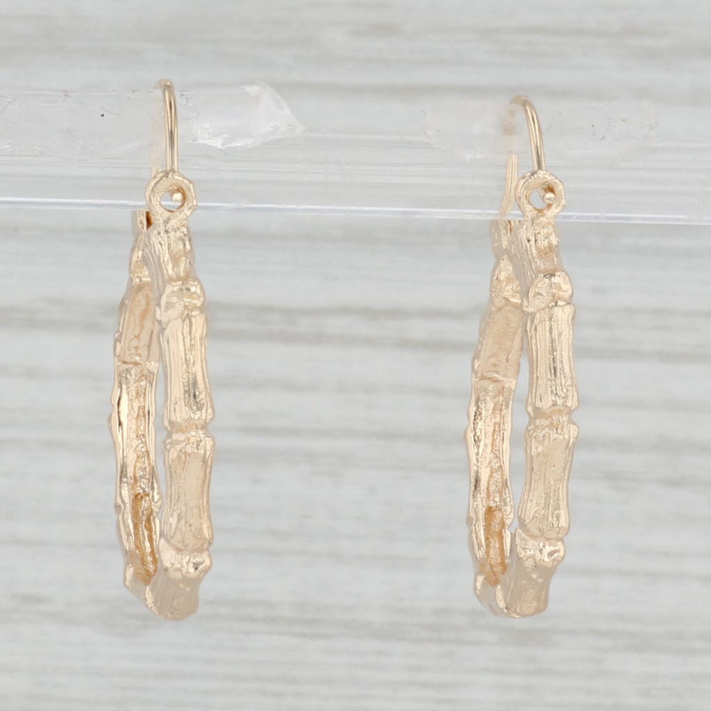 Light Gray Bamboo Hoop Earrings 14k Yellow Gold Snap Top Round Hoops
