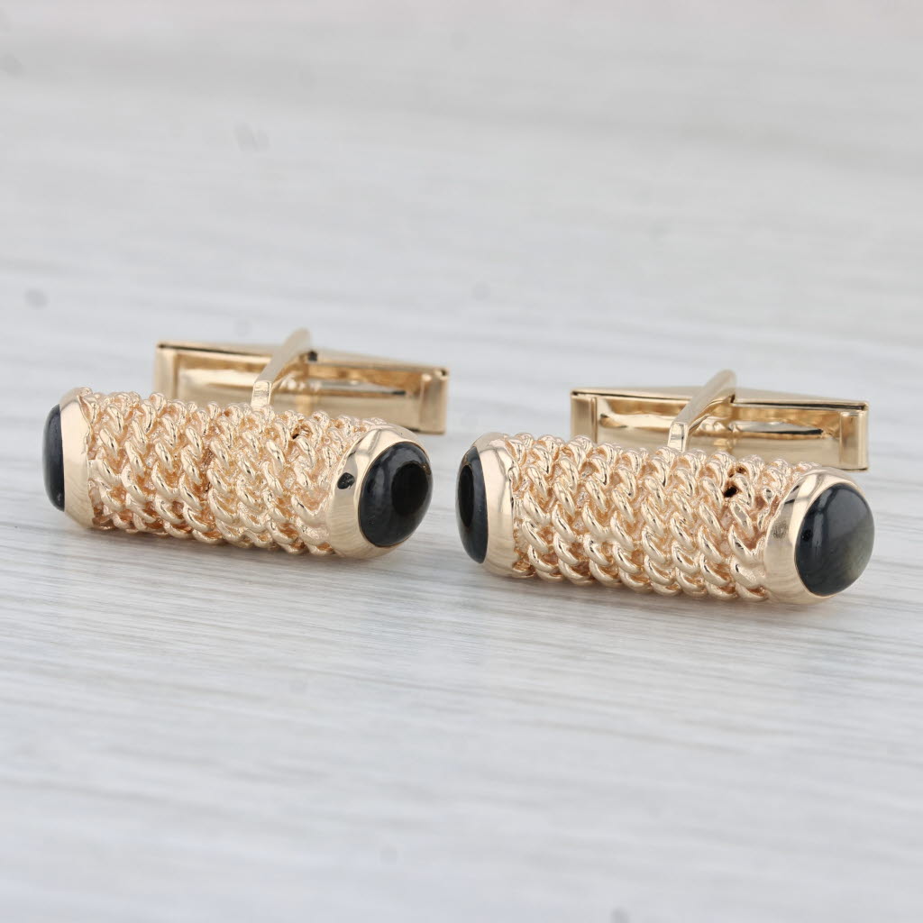 Light Gray Black Star Sapphire Cufflinks 14k Yellow Gold Folding Backs Vintage