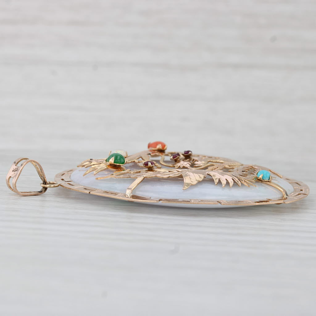 Light Gray Jadeite Jade Chinese Dragon Pendant 14k Yellow Gold Opal Spinel Statement