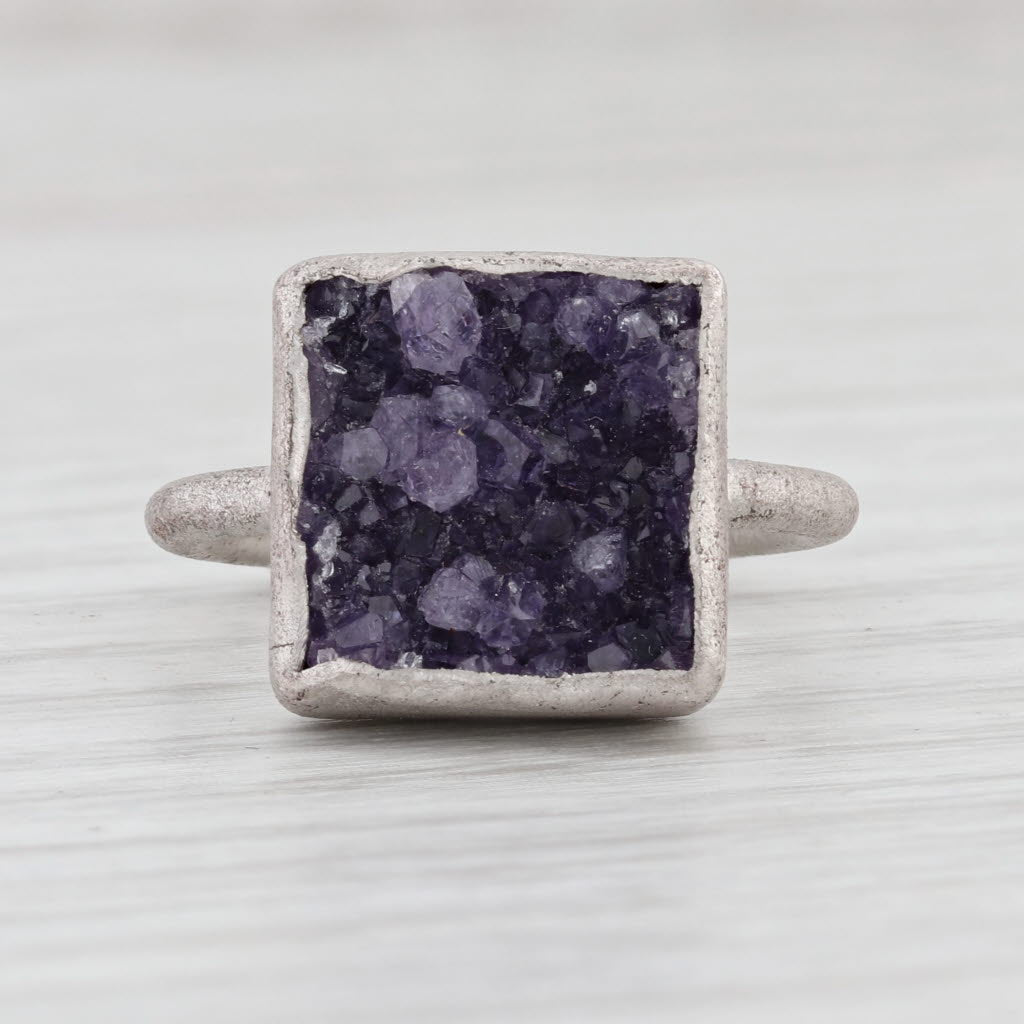 New Nina Wynn Amethyst Druzy Ring Sterling Silver Size 6.75 Statement