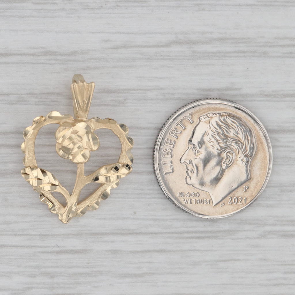 Gray Blooming Rose in Open Heart Pendant 14k Yellow Gold Floral