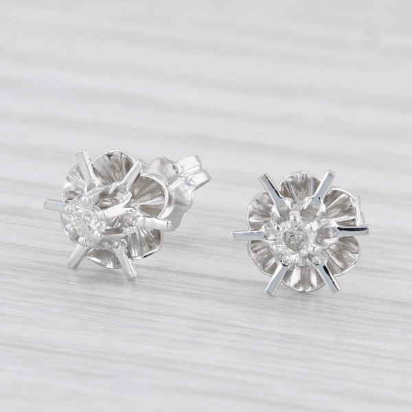 Vintage Diamond Buttercup Stud Earrings 14k White Gold Solitaire Studs