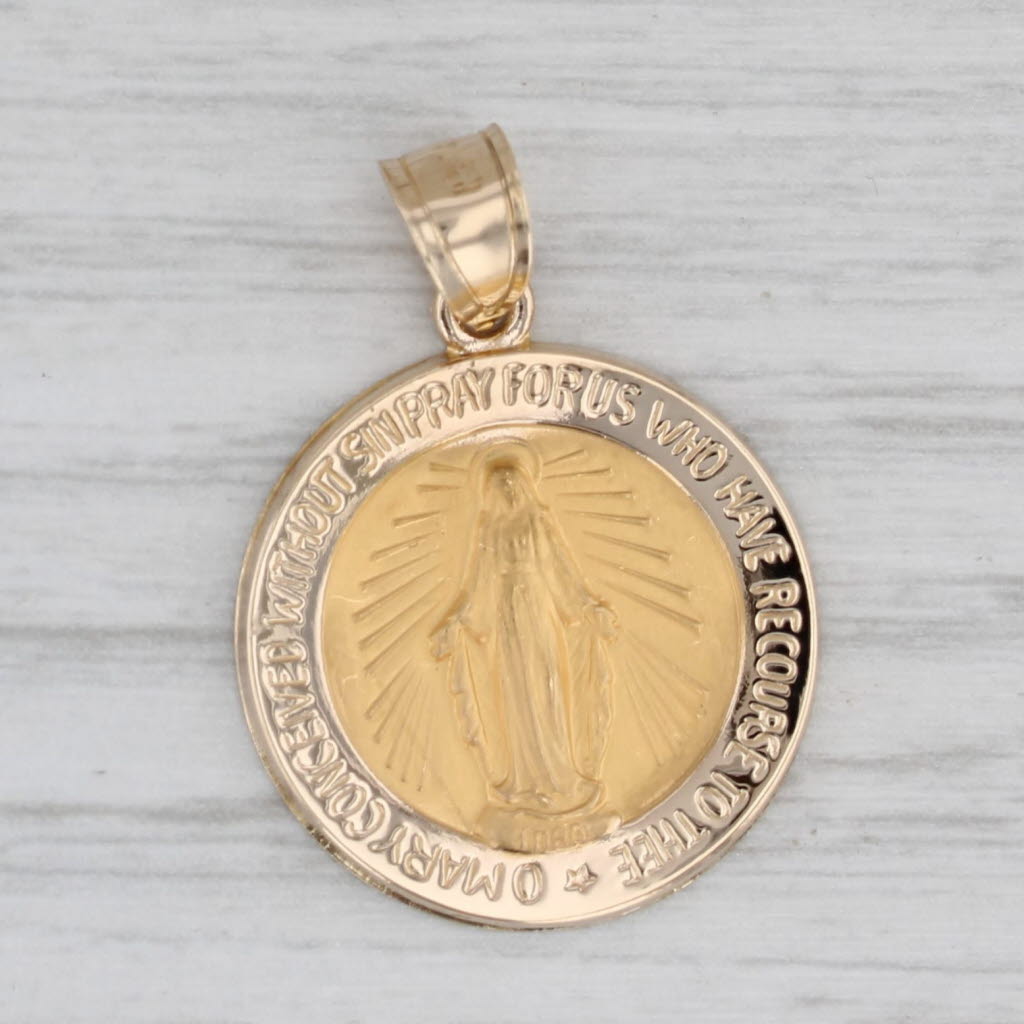 Gray Miraculous Medal Pendant 14k Yellow Gold Catholic Religious Virgin Mother Mary