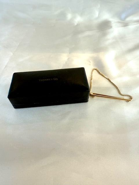 Light Gray Vintage Tiffany Tie Bar Clip with Chain 14k Yellow Gold Men's Suit Accessories