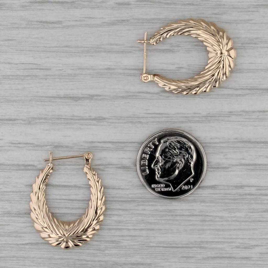 Wheat Etched Hoop Earrings Beveled 14k Yellow Gold Snap Top Hoops