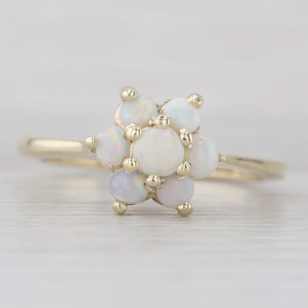 Light Gray Opal Flower Cluster Ring 10k Yellow Gold Size 6 Round Cabochons