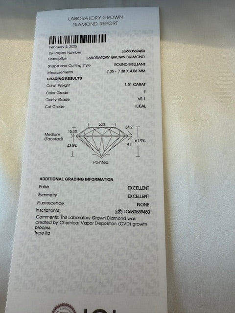 Lab Created Diamond Engagement Ring 14k White Gold Size 7.5 IGI