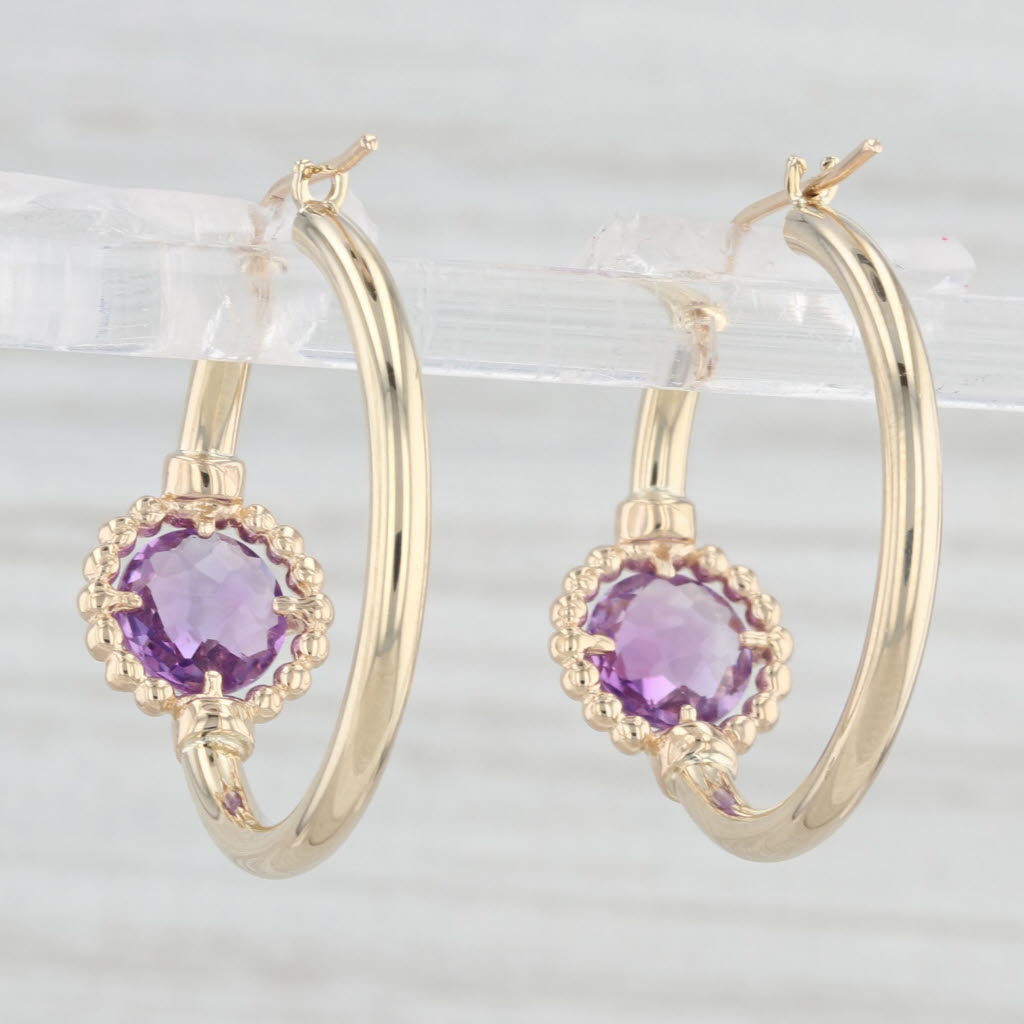 Light Gray 1.20ctw Amethyst Hoop Earrings 10k Yellow Gold Snap Top Round Hoops