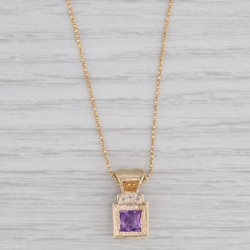 Gray 1.24ct Amethyst Diamond Pendant Necklace 14k Yellow Gold 17.75" Bead Chain