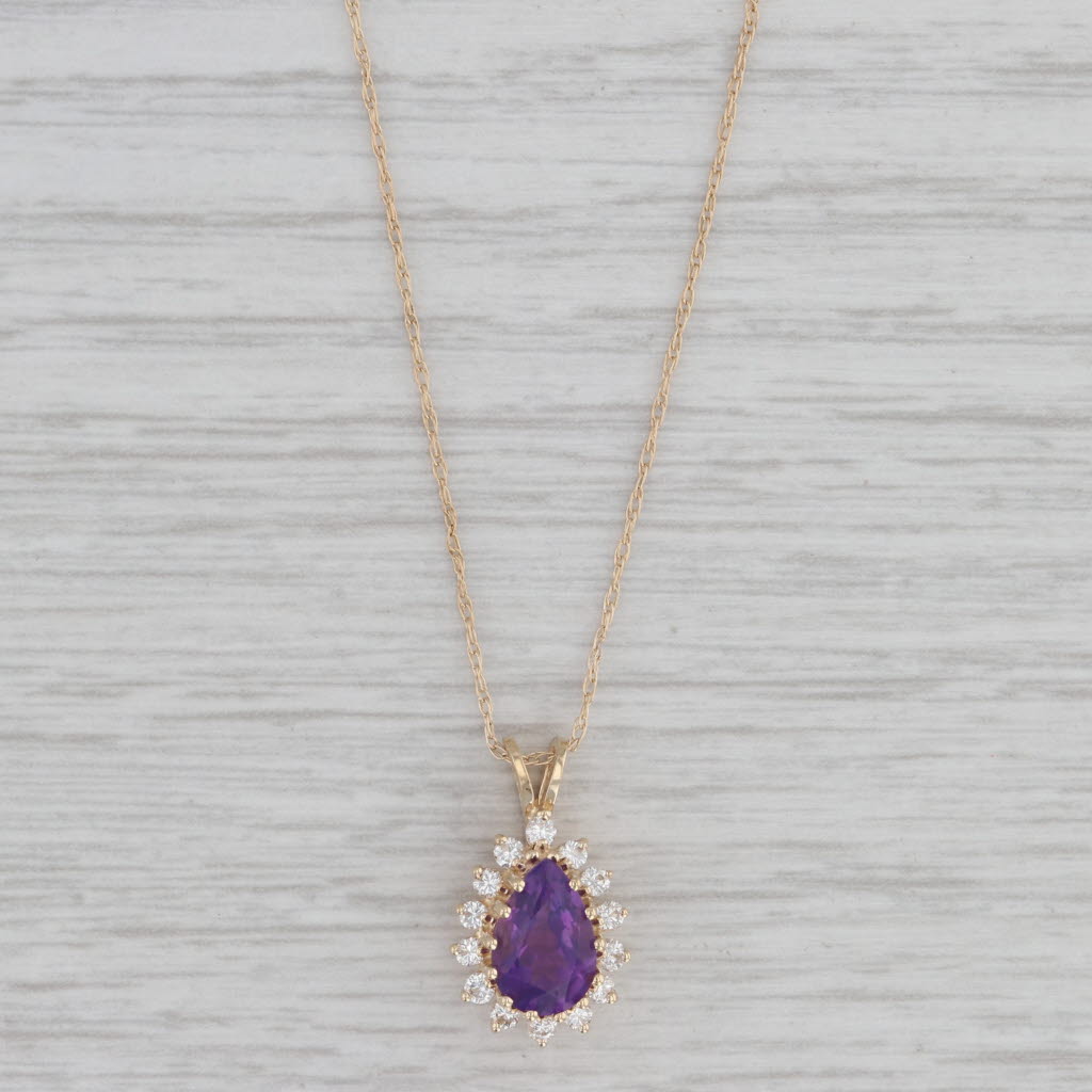 Gray Amethyst Diamond Halo Teardrop Pendant 14k Yellow Gold 19.5" Rope Chain Necklace