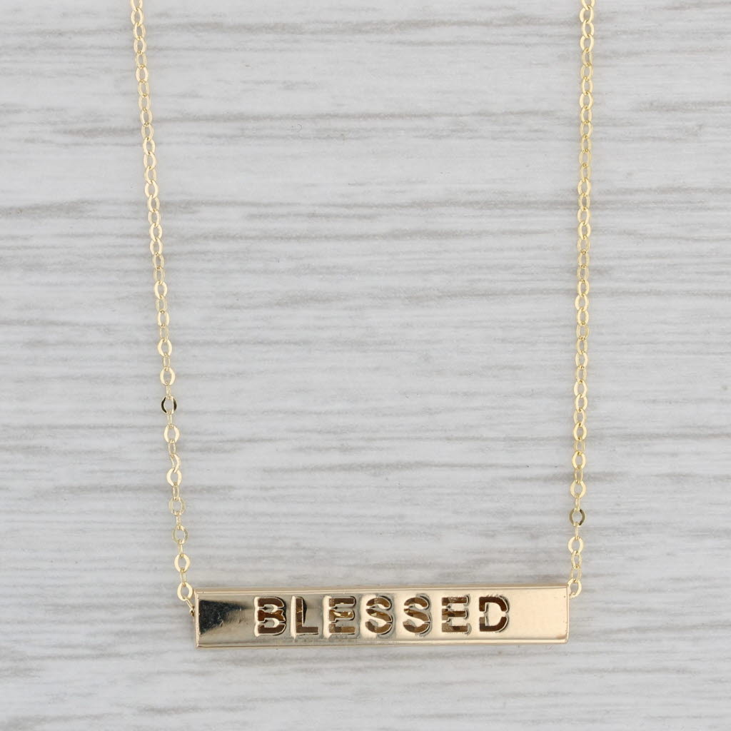 Gray Stenciled Bar Pendant Necklace 14k Yellow Gold Faith Hope Blessed Believe 16-18"