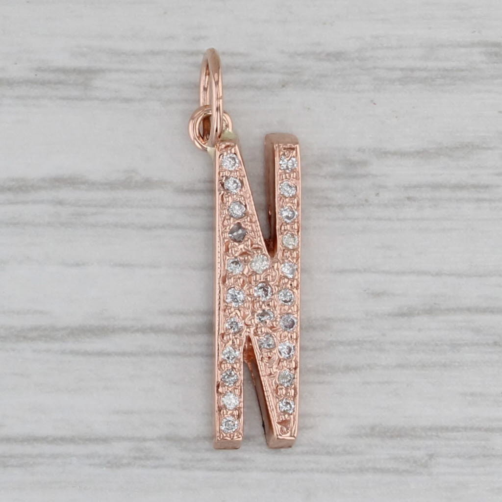 Gray Diamond Letter Initial "N" Pendant 14k Rose Gold Charm