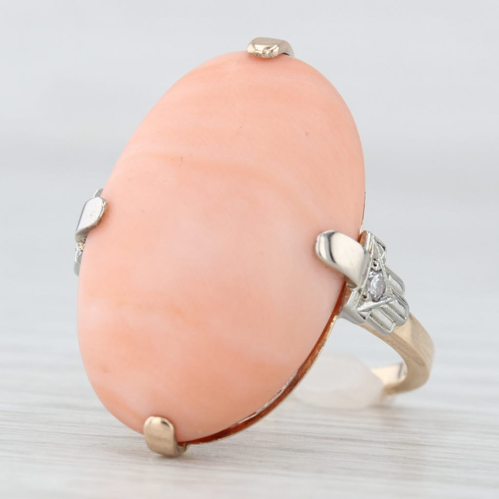 Vintage Coral Diamond Ring 14k Yellow White Gold Size 5.75 Oval Cabochon