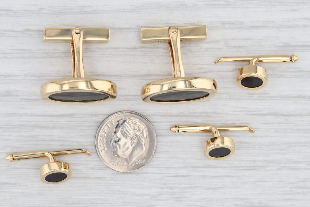 Light Gray Tiffany Onyx Oval Cufflinks Round Shirt Studs Set w/ Box 18k Yellow Gold