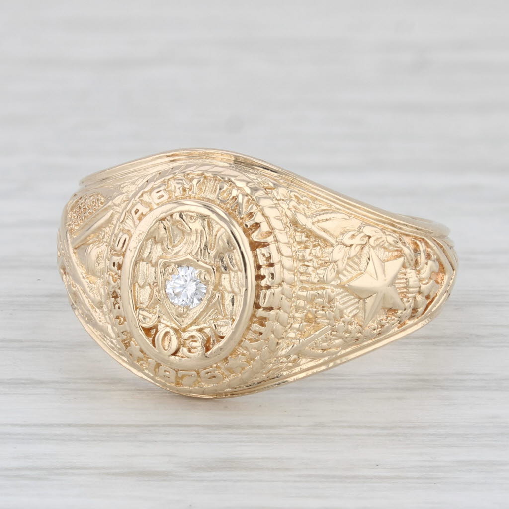 Light Gray Texas A & M Class Ring 14k Yellow Gold Diamond Size 8.75
