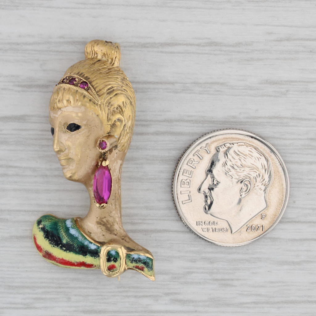 Gray Lab Created Ruby Figural Female Bust Brooch 18k Gold Enamel Pin Italy