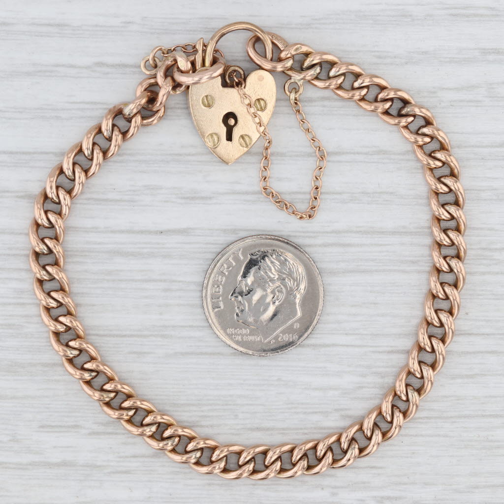 Antique Padlock Heart Clasp Charm Bracelet 9k Rose Gold Curb Chain 7.25"