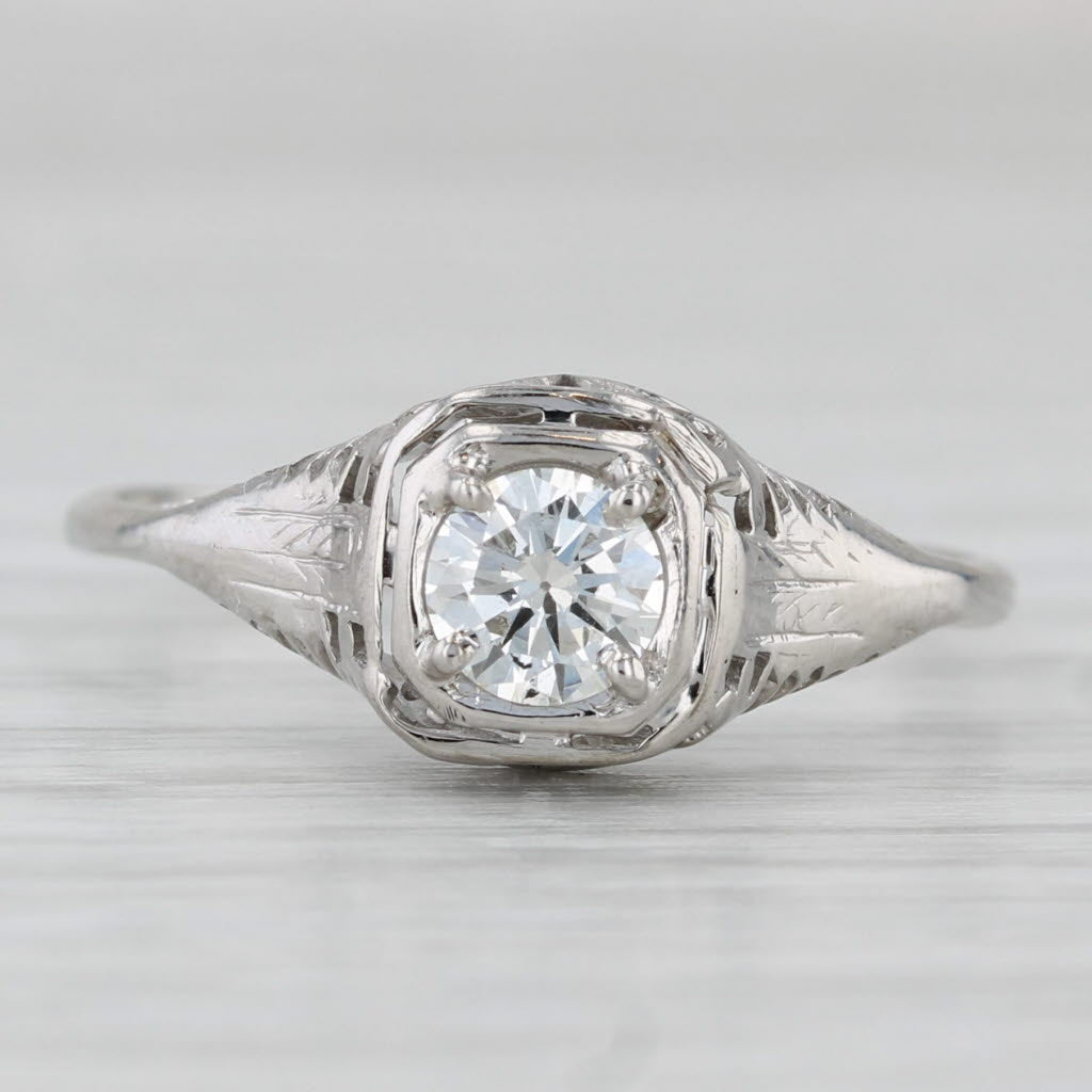 Light Gray Art Deco 0.46ct Diamond Engagement Ring 14k White Gold Filigree Size 10 GIA