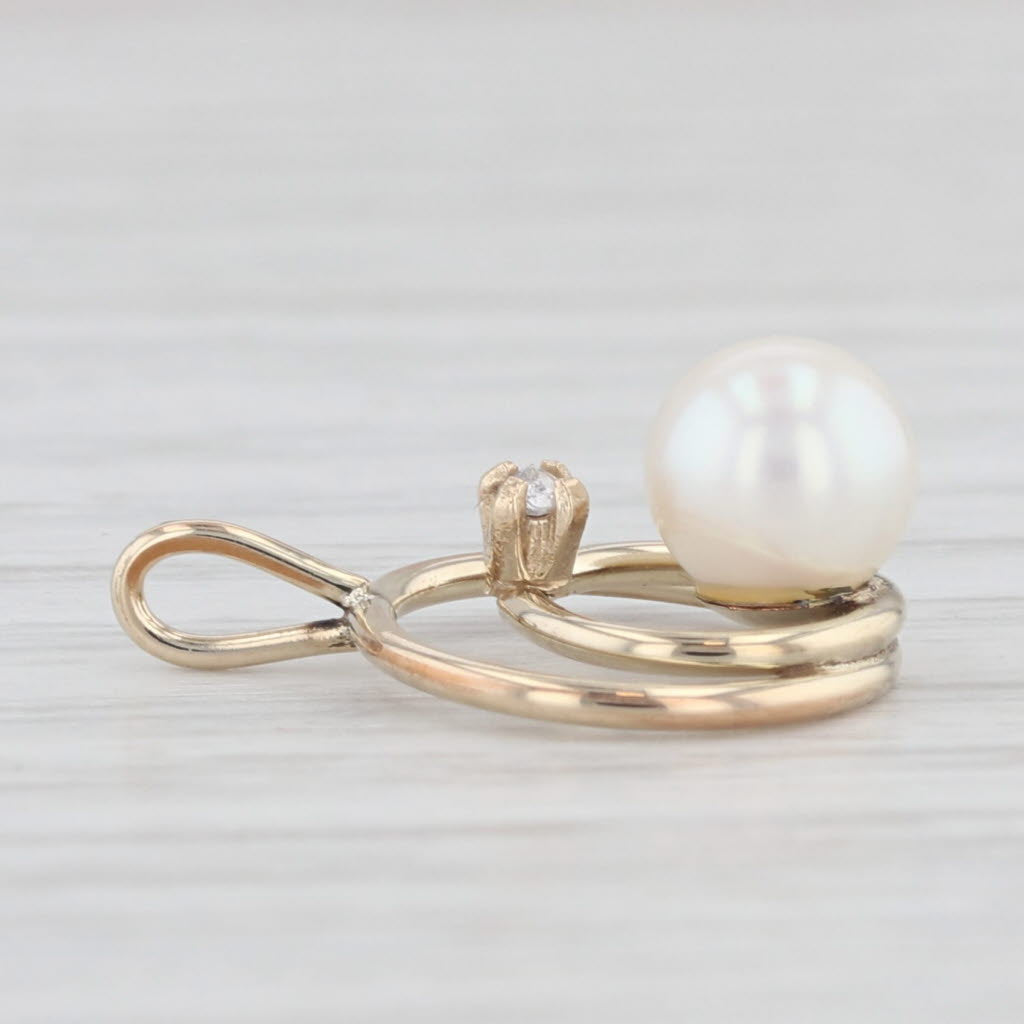 Light Gray Cultured Pearl Diamond Circle Pendant 10k Yellow Gold Small Drop