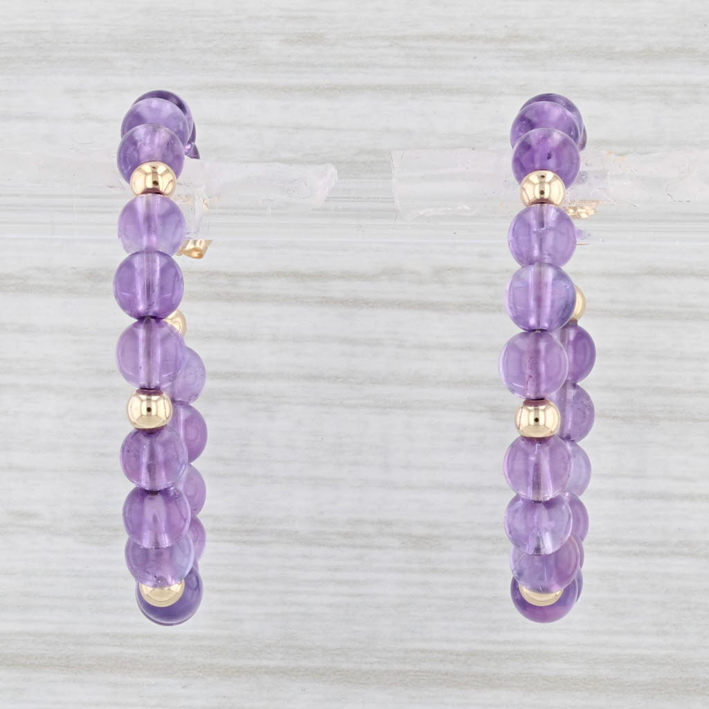 Light Gray Amethyst Bead Hoop Earrings 14k Yellow Gold Pierced Round Hoops