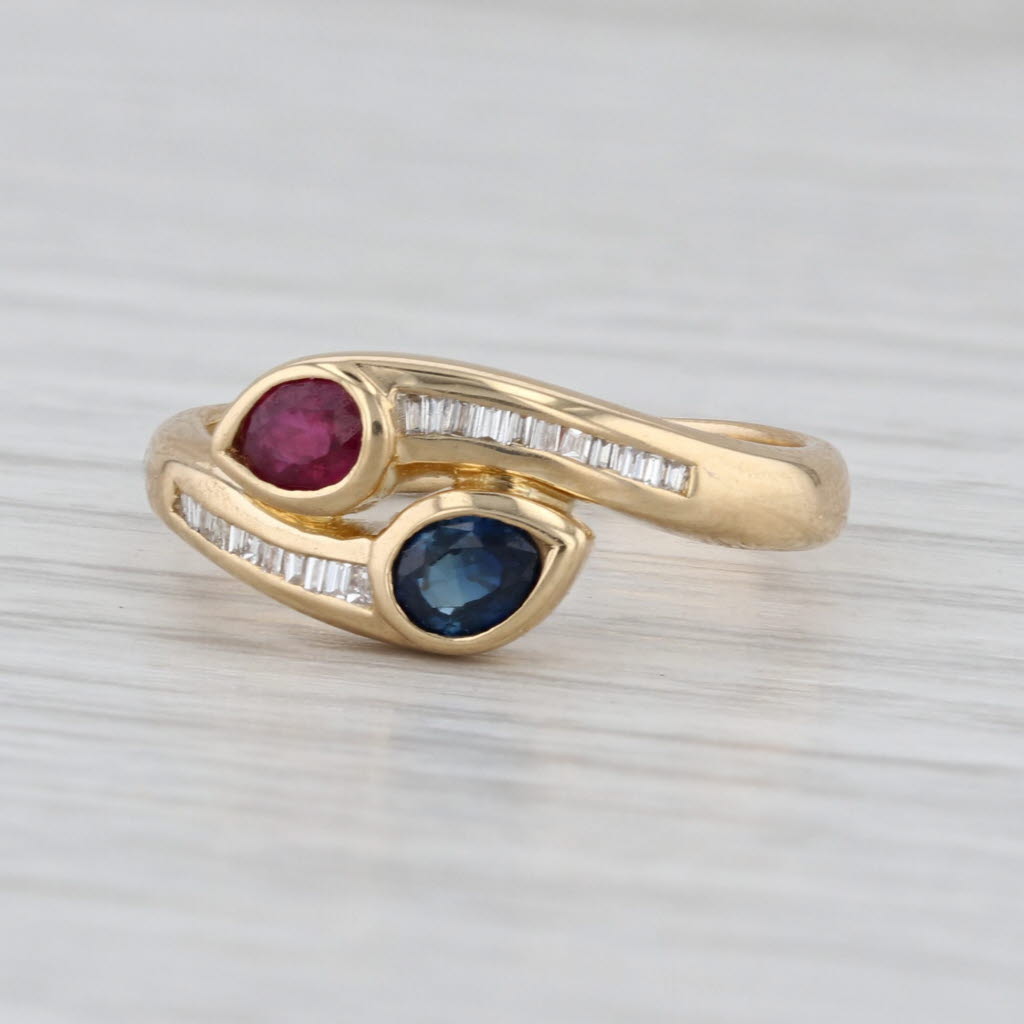 0.61ctw Ruby Blue Sapphire Diamond Bypass Ring 18k Yellow Gold Size 6-6.25