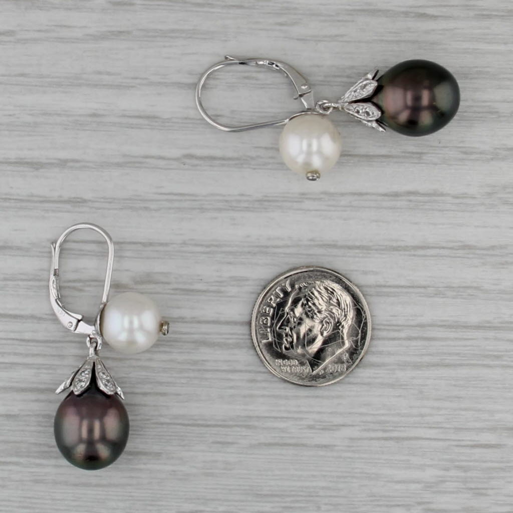 New Black White Cultured Pearl Diamond Dangle Earrings 14k White Gold Drops