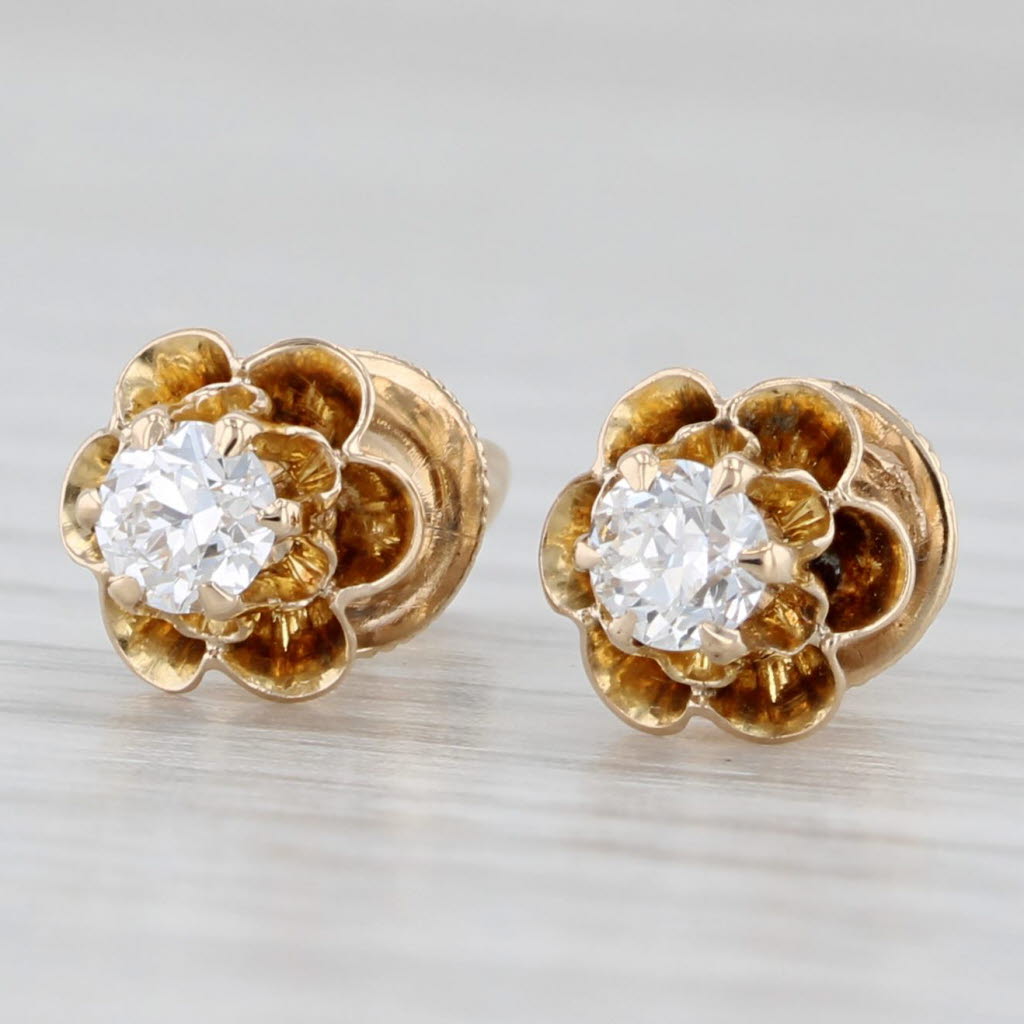 Light Gray Antique Diamond Buttercup Stud Earrings 14k Yellow Gold Screw On Pierced