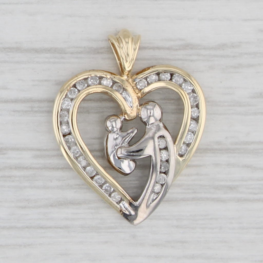 Light Gray 0.18ctw Diamond Mother & Child Heart Pendant 10k Yellow White Gold