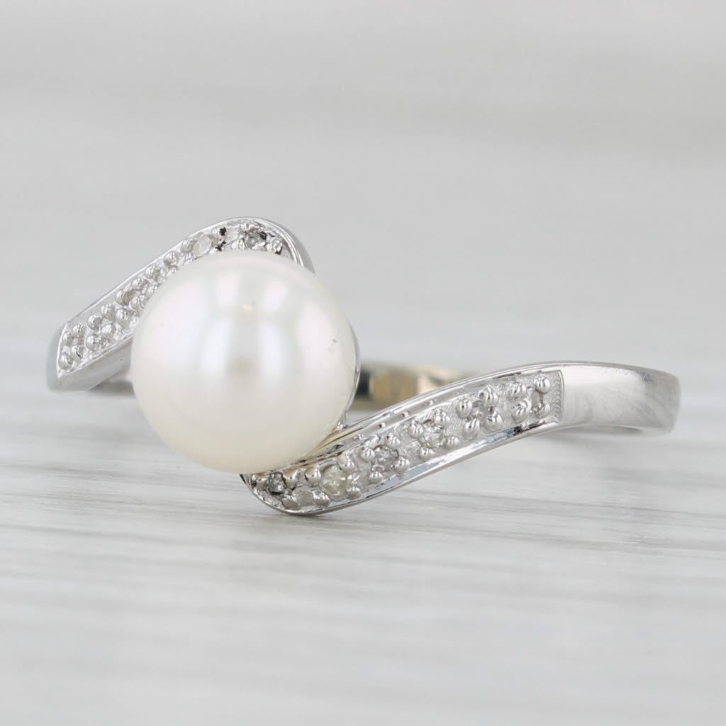 Light Gray Cultured Pearl Diamond Bypass Ring 14k White Gold Size 7.5